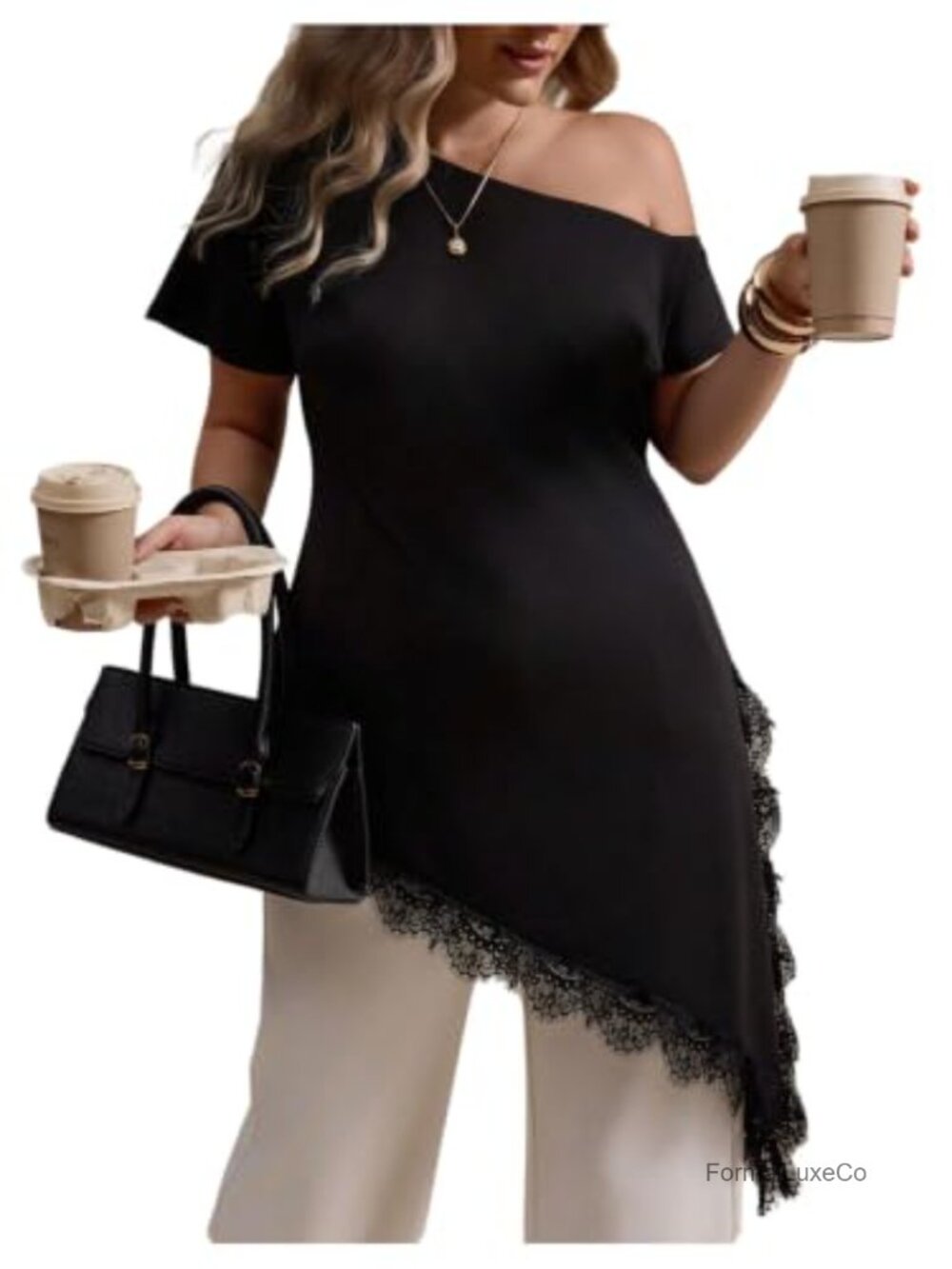 Plus Size Off Shoulder Tunic Top Lace Asymmetric Short Sleeve Tee